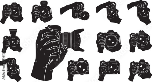 Collection of camera icons in black and white style