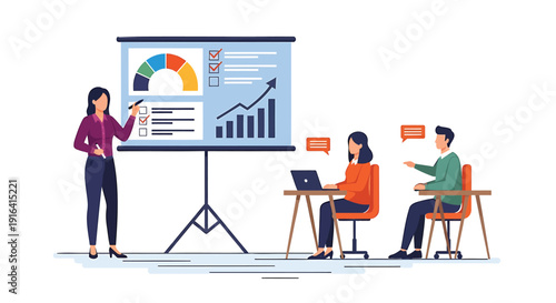 Businesswoman presenting data on screen to colleagues in meeting