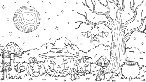 Spooky Halloween scene with carved pumpkins under a moonlit sky. A bat hangs from a bare tree, surrounded by mushrooms and a bubbling cauldron.