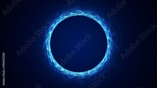 Glowing blue energy vortex composed of fractal dots, deep digital tunnel effect, abstract futuristic particle field, dynamic swirl motion, high tech luminous structure.