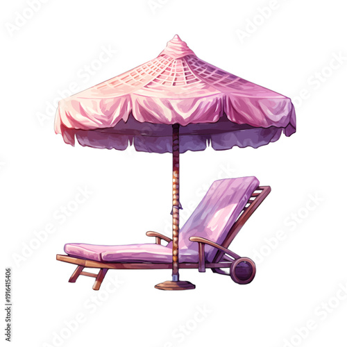 Watercolor Illustration of a Pink Beach Umbrella and Lounge Chair