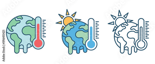 Global warming icon set, multi style various collection with greenhouse gas, melting ice