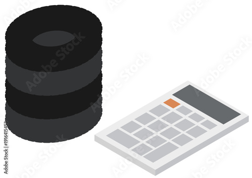 タイヤ交換費用の見積もりイメージの積み上げられたタイヤと電卓のアイソメトリックイラスト