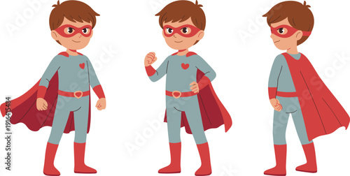 Cute little superhero boy character set, cartoon kid hero with red cape and mask, front side back views
