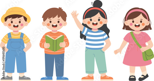 Cute cartoon school children characters set, happy smiling boys and girls isolated on white background flat vector illustration