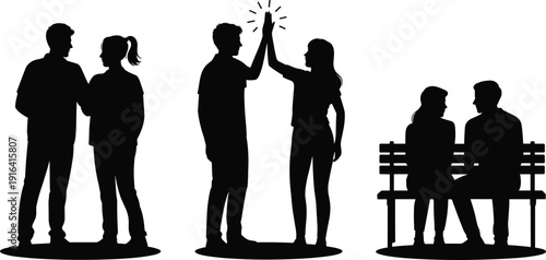 People relationship silhouettes showing friendship conversation teamwork love communication couples bonding social interaction isolated on white background illustration