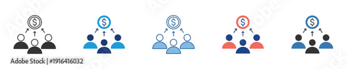 Modern vector icons depicting collaborative financial networks, symbolizing shared economy, crowdfunding, community funding, and collective investment initiatives for various projects