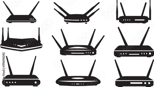 Collection of various black WiFi router icons on white
