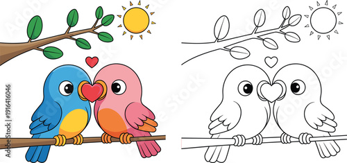 Cute love birds cartoon illustration, romantic couple with heart on tree branch, coloring page and colored version