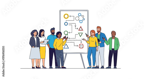 Diverse group of people standing around a whiteboard with colorful flowchart, vector illustration isolated on transparent background
