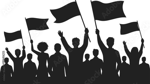 Protest crowd silhouettes holding flags representing activism freedom unity demonstration movement isolated on white background for political social stock design