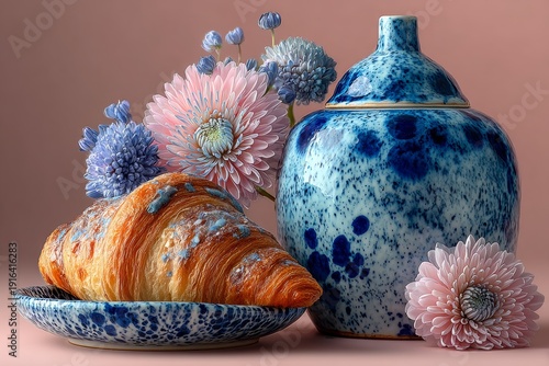 Wallpaper Mural Elegant bakery still life with dutch ceramic influence. Generative AI Torontodigital.ca