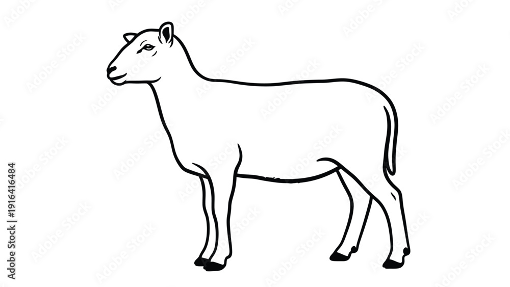Fototapeta premium Line drawing of a standing sheep, side view. The outline is simple, with minimal details, set against a white background, conveying calmness and simplicity.