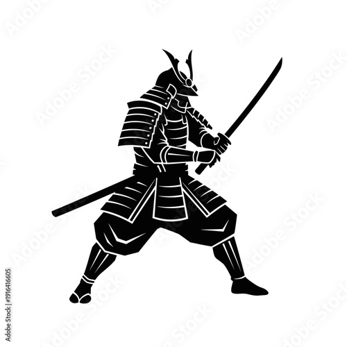 Black and white illustration of a Japanese samurai warrior in traditional armor holding a katana sword in a dynamic pose, representing strength, honor, and martial arts.