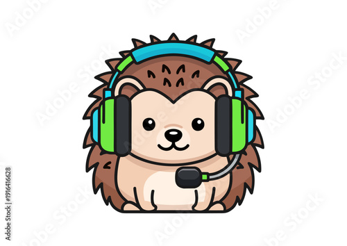 Cute hedgehog gamer wearing headset in kawaii style. Fun vector for gaming branding, streamer graphics, kids design, stickers, esports mascots, and playful digital products.