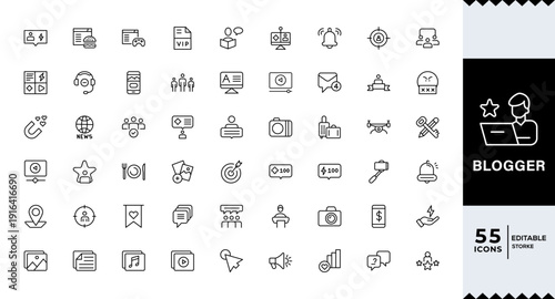 Blogger icons set. Includes icons for writing, post, comment, share, media, pen, article, blog tools, and online publishing. Editable stroke. Line icons. Perfect for infographics.