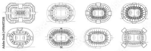 Minimalist continuous line drawing set of stadium aerial plans and sports arena layouts