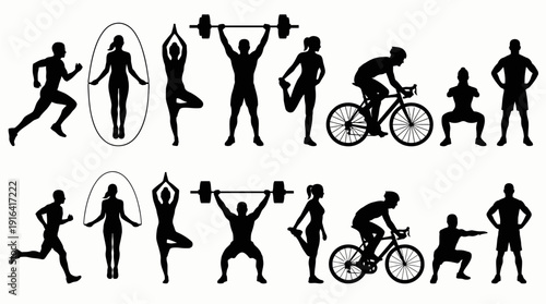 Fitness and Sports Silhouette Set with Running, Yoga, Weightlifting and Cycling Activities
