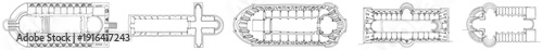 Collection of historic architectural floor plans for cathedrals and large buildings in minimalist line art