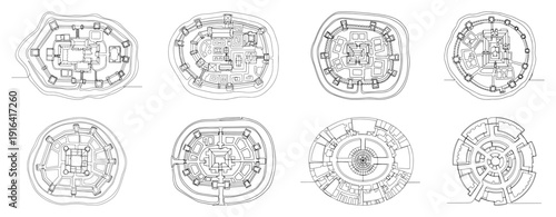 Set of circular architectural floor plans for fortresses and historic round buildings in continuous line style