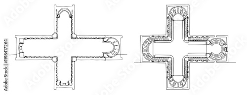 Minimalist continuous line drawing of cross shaped architectural floor plans for a cathedral or church