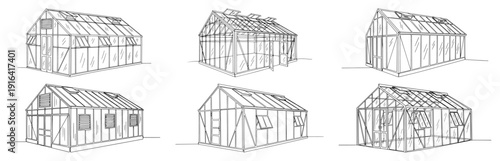 Collection of six modern glass greenhouse structures in minimalist continuous line art style