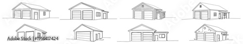 Set of eight detached double garage and workshop buildings in continuous line drawing style