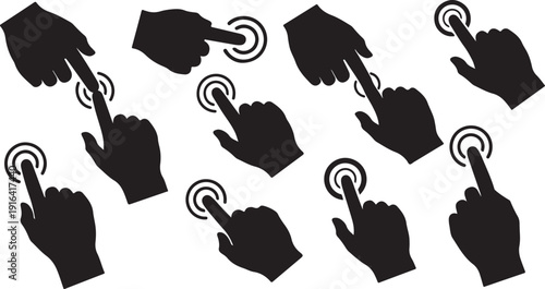 Hands interacting with digital interface icons in black silhouette