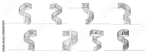 Collection of minimalist continuous line drawings featuring spiral staircase designs in perspective