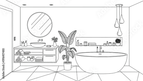 Modern bathroom line art with a large oval bathtub, potted plant, and wall-mounted round mirror above a sink. Minimalistic, calm, and organized.
