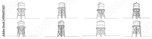 Collection of eight industrial water tower designs on steel stands in minimalist continuous line drawing style