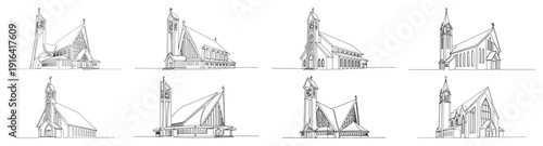 Collection of eight modern and traditional church building designs in minimalist continuous line drawing style