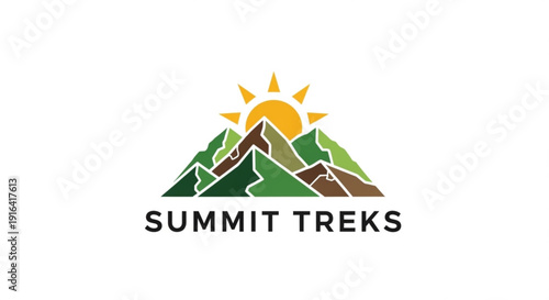 Vibrant mountain landscape with sunny peak adventure logo