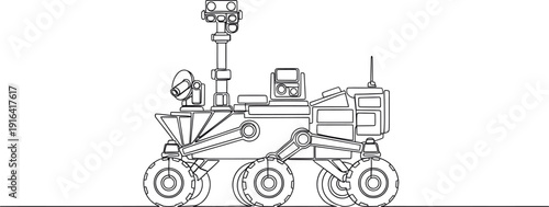 Continuous single line drawing of a futuristic space exploration rover with wheels and sensor mast vector illustration