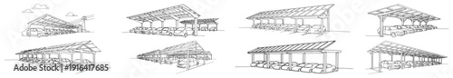 Collection of modern carport and parking canopy structures in continuous line drawing style