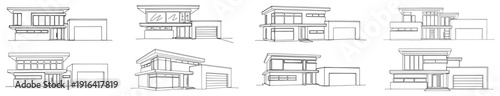 Collection of modern residential houses with garages in minimalist continuous line style