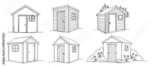 Set of garden sheds and small wooden storage buildings in minimalist continuous line art