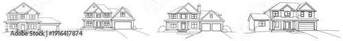 Collection of four traditional suburban houses with garages in continuous line art style