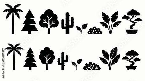 Trees and Plants Silhouette Icon Set with Palm, Pine, Cactus and Bonsai Vector Collection
