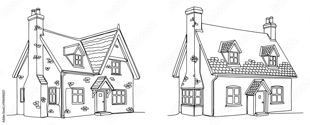 Fototapeta premium Two traditional cottage house designs with chimneys in minimalist continuous line art style