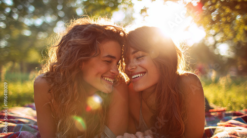 Joyful Outdoor Picnic Scene with Two Women Under Bright Sunshine