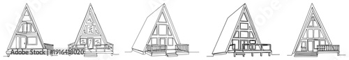 Collection of modern A-frame cabin house designs in minimalist continuous line style