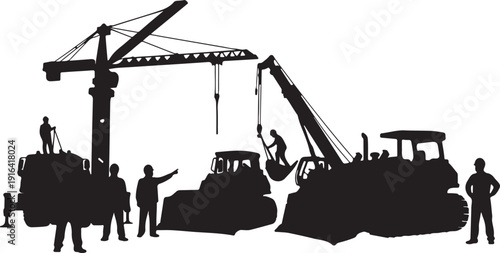 Lumberjack or woodcutter worker silhouettes set, men in hard hats holding chainsaws in various poses, forest industry and forestry service concept, vector illustration