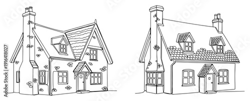 Two traditional cottage house designs with chimneys in minimalist continuous line art style