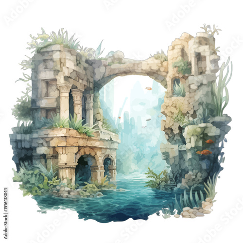 Elegant Watercolor Underwater Ruins Clipart, Sunken Ancient Stone Archway with Tropical Fish and Seaweed, Mythical City of Atlantis Illustration