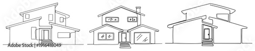 Collection of three modern residential houses with garages in minimalist continuous line style
