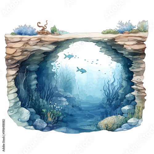 Elegant Watercolor Underwater Cave Clipart, Deep Blue Grotto Scene with Swimming Fish, Seaweed and Coral Reef Rock Formation Illustration