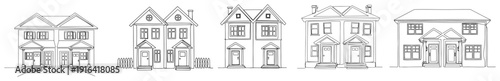 Set of five traditional semi detached houses in continuous line drawing style