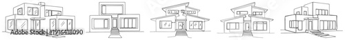Set of five modern cubic villa designs in continuous line drawing style