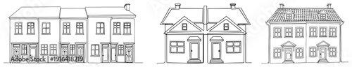 Minimalist continuous line drawing set of traditional terraced houses and semi detached residential buildings